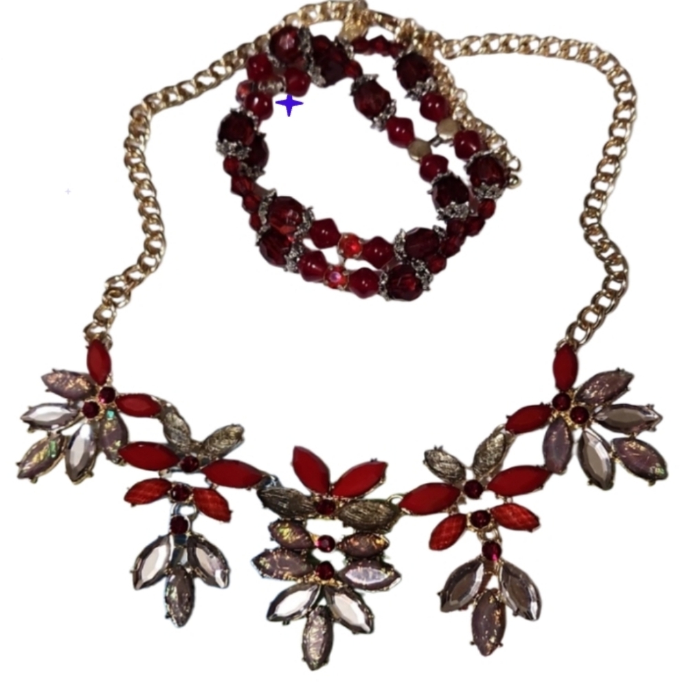 Statement necklace red cz cracked floor foil gems and bead bracelet vint…